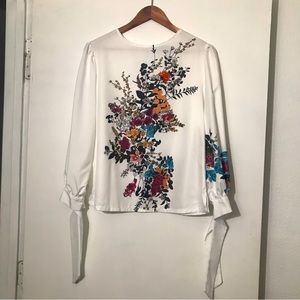 Sheer Floral Blouse with Cuff Ties